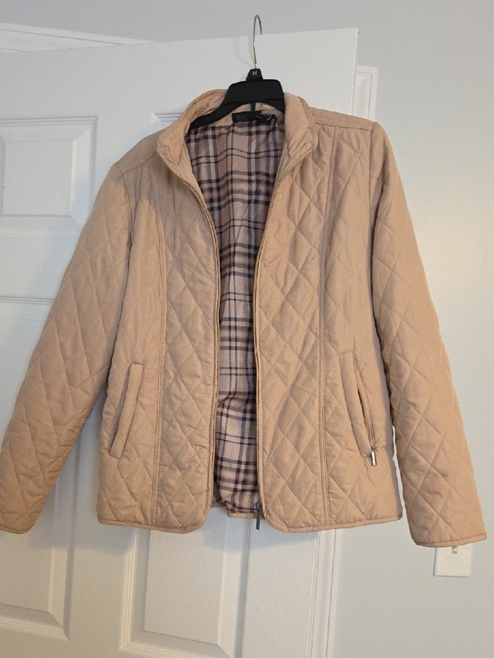 Jane Ashley Beige Quilted Puffer Jacket with Plaid Lining